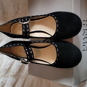 Franco Sarto Black suede Stirrup  black patent leather stack heeled MaryJane 7.5